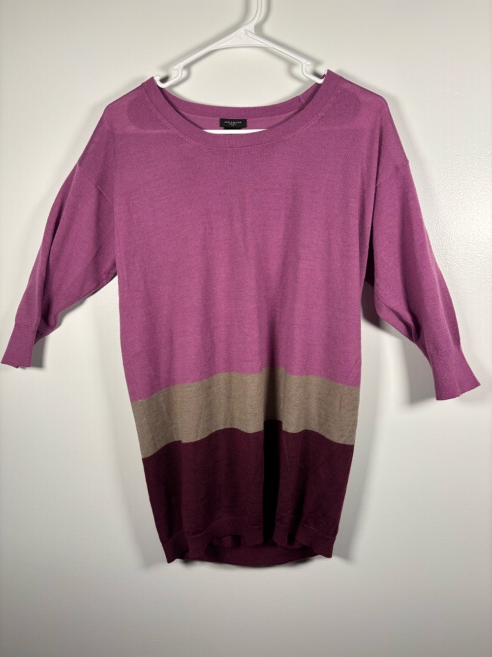 Ann Taylor Merino Wool Purple & Taupe Colorblock Scoop Neck Sweater